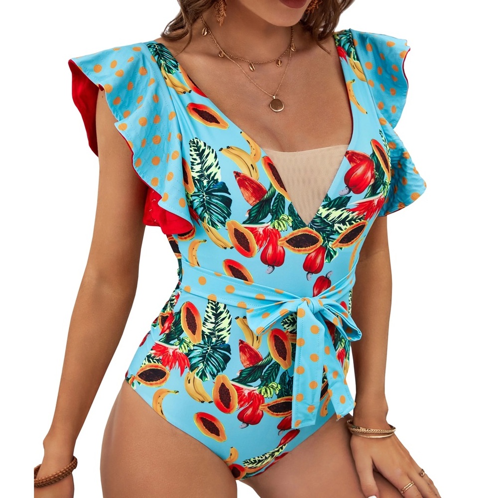 Kona Sol Turquoise Tropical One-Piece Swimsuit with Red Accents